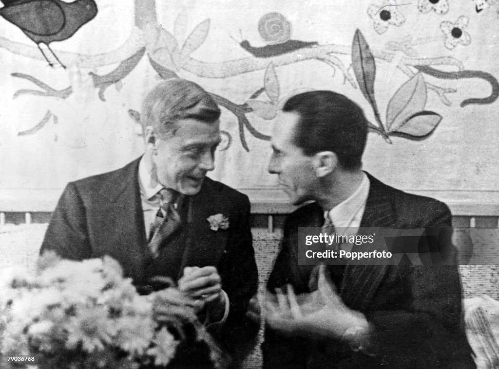 Pre-World War II. Berlin, Germany. 12th October, 1937. The Duke Of Windsor listens with amusement to Dr. Joseph Goebbels, German Propaganda Minister, at a party given in honour of the Duke and Duchess by Dr. Ley, Reich Labour Minister.