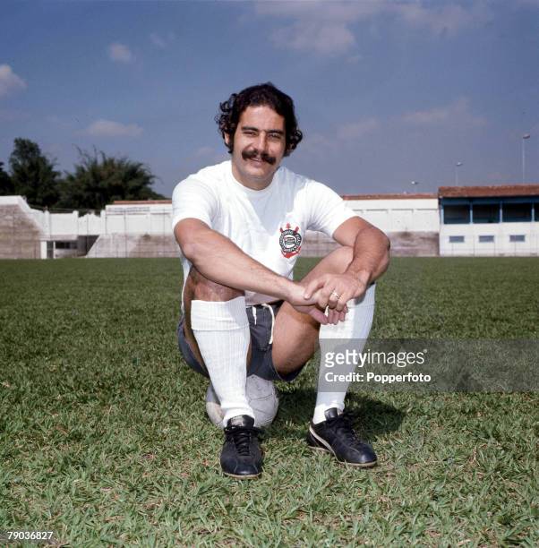 Football, Brazil's Rivelino, one of the stars of the victorious 1970 World Cup winning team in Mexico, poses wearing the kit of his club side...