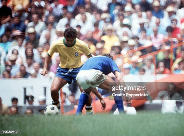 Football, 1970 World Cup Final, Mexico City, Mexico, 21st June Brazil 4 v Italy 1, Brazil's Rivelino on the ball faced by an Italian defender