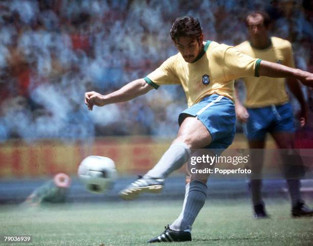 Football, 1970 World Cup Finals, Mexico, Brazil's Rivelino shoots at goal during one of their World Cup matches