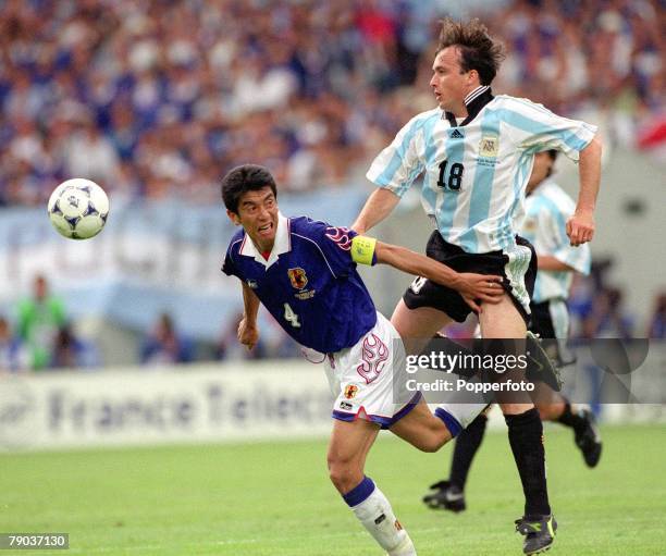 World Cup Finals Toulouse, France, 14th June Argentina 1 v Japan 0, Japan's Masami Ihara beaten to the ball by Argentina's Abel Balbo