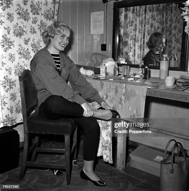 Cinema, London, England British actress Shirley Eaton is pictured in her dressing room at the Hackney Empire