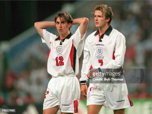 World Cup 1998 Finals, St, Etienne, France, 30th June England 2 v Argentina 2 , England's Gary Neville looks over as David Beckham leaves the field...