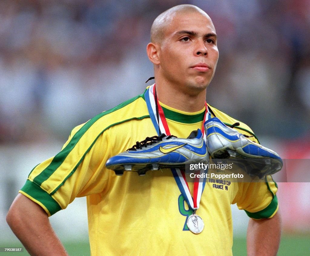 1998 World Cup Final. St. Denis, France. 12th July, 1998. France 3 v Brazil 0. Brazil's Ronaldo stands dejected at the end with silver boots and silver medal .