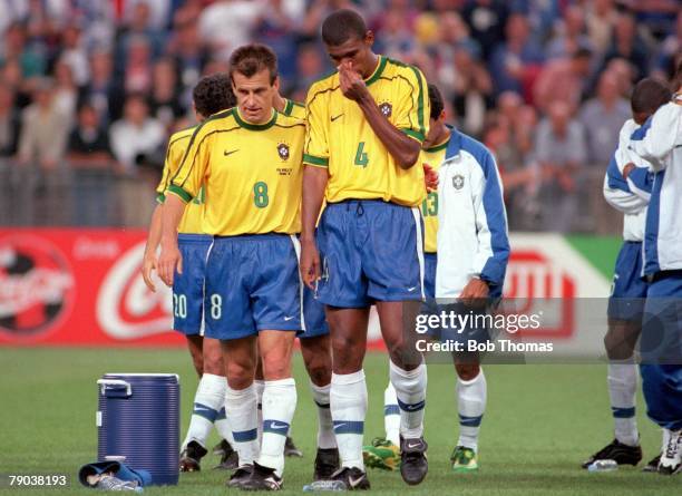 World Cup Final, St, Denis, Paris, France, 12th July France 3 v Brazil 0, Brazil's captain Dunga and Junior Baiano are dejected after their heavy...