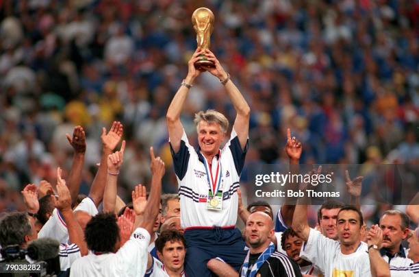 World Cup Final, St, Denis, Paris, France, 12th July France 3 v Brazil 0, French coach Aime Jacquet is hoisted aloft by members of his team with the...