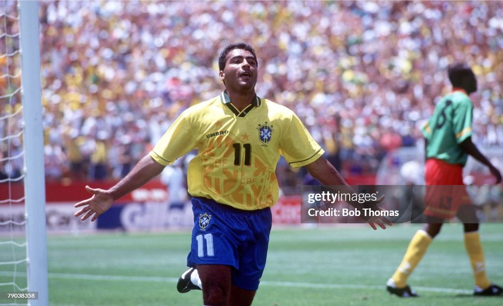 1994 World Cup Finals. Stanford, USA. 24th June, 1994. Brazil 3 v Cameroon 0. Brazil's Romario celebrates after he scored the 1st goal.
