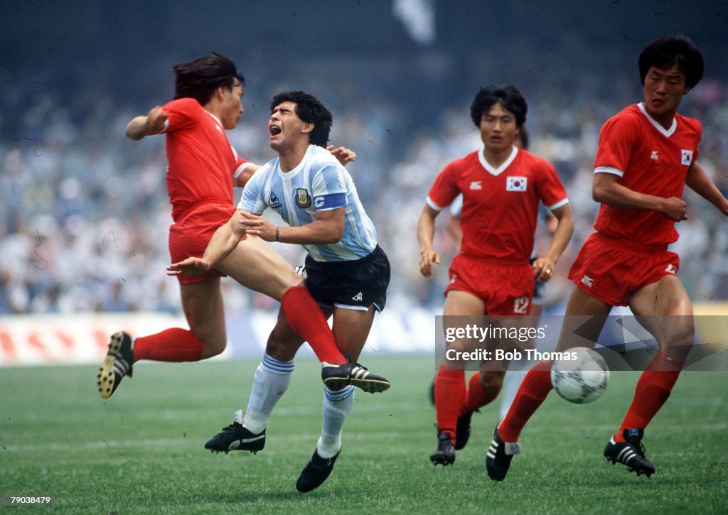 1986 World Cup Finals. Mexico City, Mexico. 2nd June, 1986. Argentina 3 v South Korea 1. Argentina's Diego Maradona is fouled by South Korea's Jung Moo Huh