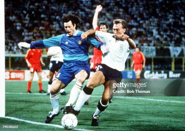 World Cup Finals, Second Phase, Bologna, Italy, 26th June England 1 v Belgium 0 , Belgian goalkeeper Michel Preud'Homme holds off England's David...