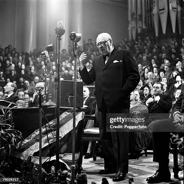 Leeds, England. 1950. Winston Churchill, Conservative politician and British Prime Minister between the years 1940-45, and 1951-55, is pictured making a speech. Leeds, England. 1950. Winston Churchill, Conservative politician and British Prime Minister between the years 1940-45, and 1951-55, is pictured making a speech.