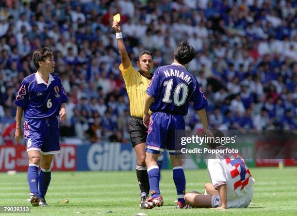 World Cup Finals, Nantes, France, 20th JUNE 1998, Japan 0 v Croatia 1, Japan's Hiroshi Nanami receives a yellow card after fouling Croatia's Aloisa...