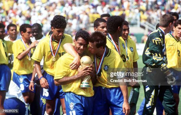 World Cup Final, Pasadena, USA, 17th July Brazil 0 v Italy 0, , Brazil's captain Dunga celebrates with teammate Romario as the team celebrate their...