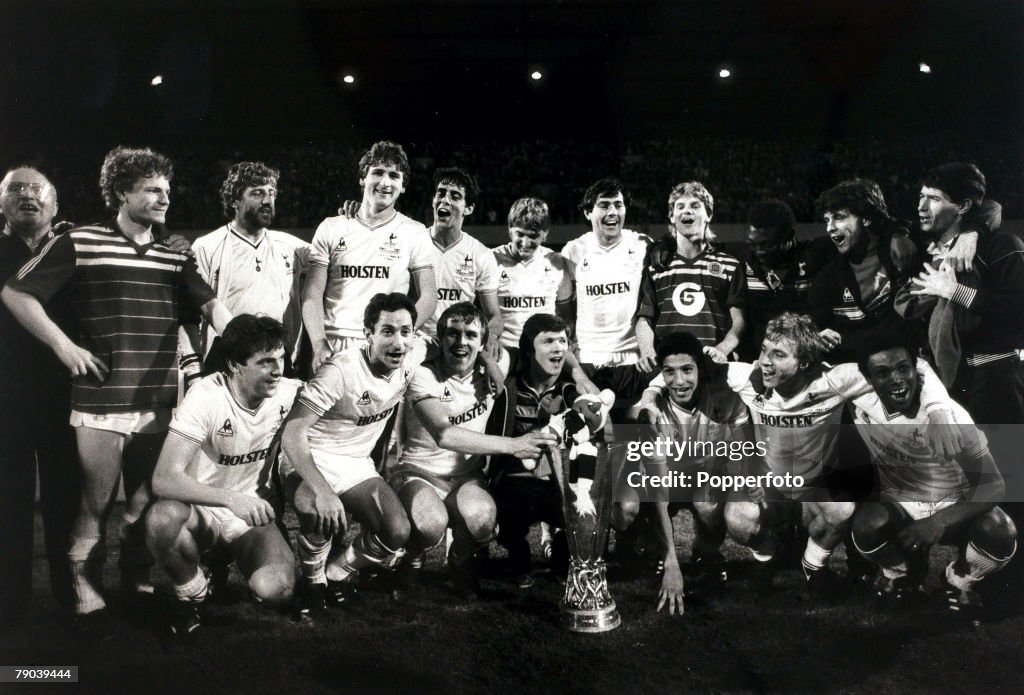 Sport. Football. UEFA Cup Final Second Leg. White Hart Lane, London, England. 23rd May 1984. Tottenham Hotspur 1 v Anderlecht 1 (2-2 on aggregate, Spurs win 4-3 on penalties). The victorious Tottenham Hotspur team celebrate with the trophy. Back row, L-R:
