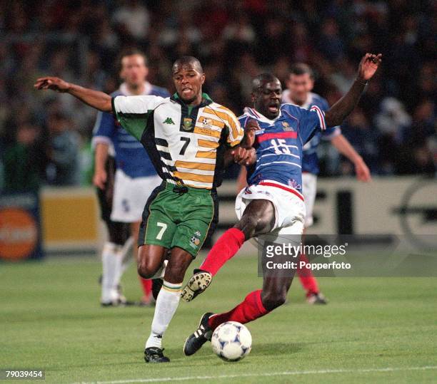 World Cup Finals, Marseille, France, 12th JUNE 1998, France 3 v South Africa 0, South Africa's Quinton Fortune with France's Lilian Thuram