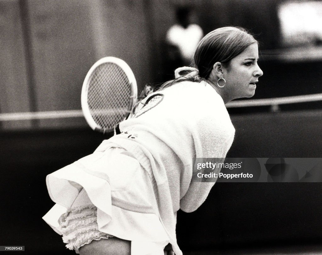 Sport. Tennis. 22nd June 1972. American star Chris Evert, showing her frilly knickers, playing at the Queens Club Rothmans tournament. Chris Evert was Wimbledon Ladies Singles Champion in 1974 and 1976.