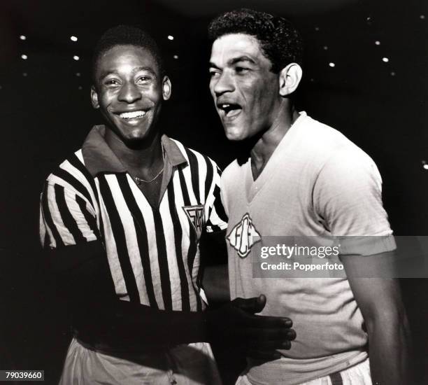 Sport/Football in South America Pele in his club colours of Santos, left, with Garrincha, both stars of the Brazilian national team