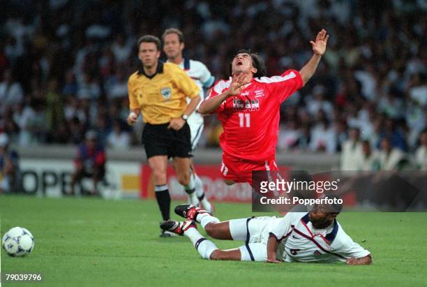 World Cup Finals, Lyon, France, 21st JUNE 1998, USA 1 v Iran 2, Iran's Khodadad Azizi is tackled by USA's David Regis