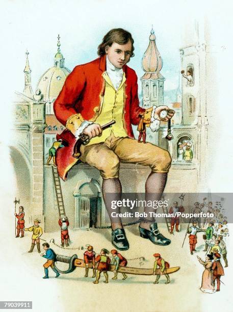 Postcards, Produced Circa 1900, The fictional story of Gullivers travels, A colour illustration of Mr, Lemuel Gulliver sitting on a wall amongst some...