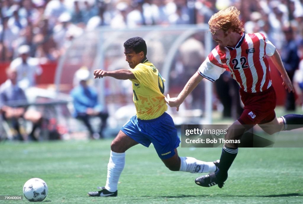1994 World Cup Finals. Stanford, USA. 4th July, 1994. Brazil 1 v USA 0. Brazil's Romario gets away from USA's Alexei Lalas