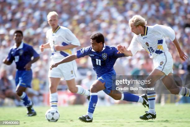 World Cup Semi-Final, Los Angeles, USA, 13th July Brazil 1 v Sweden 0, Brazil's Romario on the attack goes past Hakan Mild