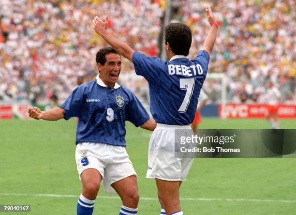 World Cup Finals, Dallas, USA, 9th July Brazil 3 v Holland 2, Brazil's Zinho runs to congratulate Bebeto after he had scored his side's second goal