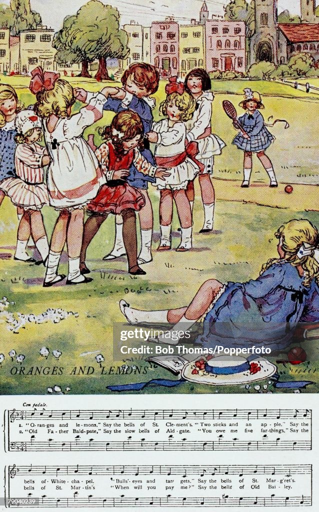 Nursery Rhyme Postcards, Circa 1900. A colour illustration of some children playing together. The sheet music to the nursery rhyme -Oranges and Lemons+ is written underneath the picture.