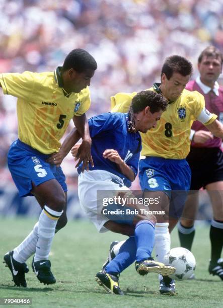 World Cup Final, Pasadena, USA, 17th July Brazil 0 v Italy 0, , Italy's Roberto Baggio challenged by by Brazil's Dunga and Mauro Silva