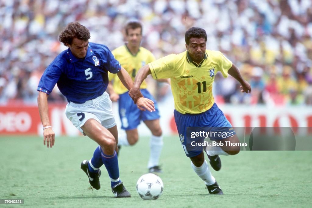 1994 World Cup Final. Pasadena, USA. 17th July, 1994. Brazil 0 v Italy 0. (Brazil won 3-2 on penalties. Brazil's Romario in action with Italy's Paolo Maldini