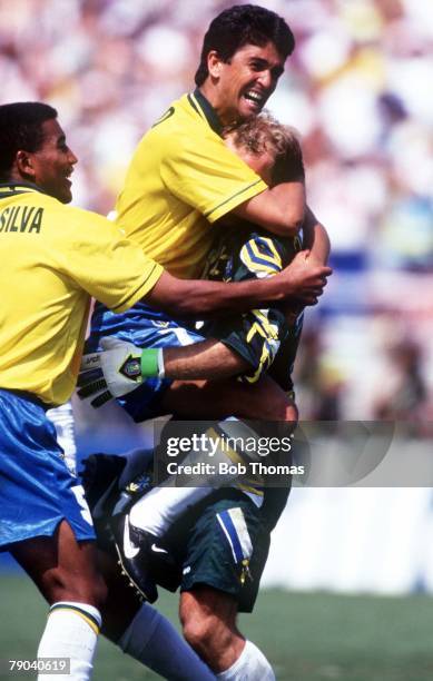 World Cup Final, Pasadena, USA, 17th July Brazil 0 v Italy 0, , Brazilian goalkeeper Taffarel is hugged by Bebeto after making a save in the...