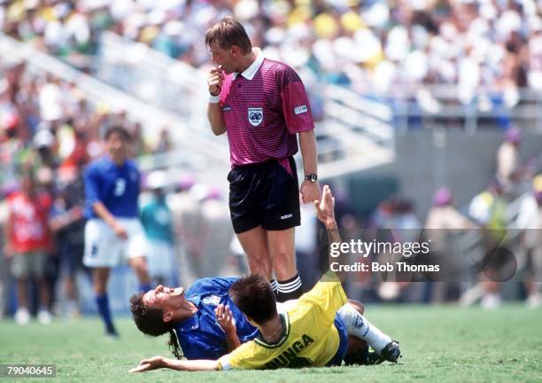 World Cup Final, Pasadena, USA, 17th July Brazil 0 v Italy 0, , Italy's Roberto Baggio shouts in pain after a challenge by Brazil's captain Dunga...
