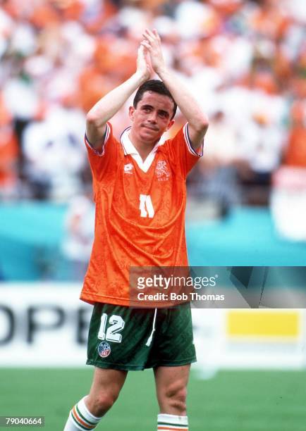 World Cup Finals, Orlando, USA, 4th July Holland 2 v Republic of Ireland 0, Ireland's Gary Kelly, wearing a Dutch shirt, salutes the fans at the end...