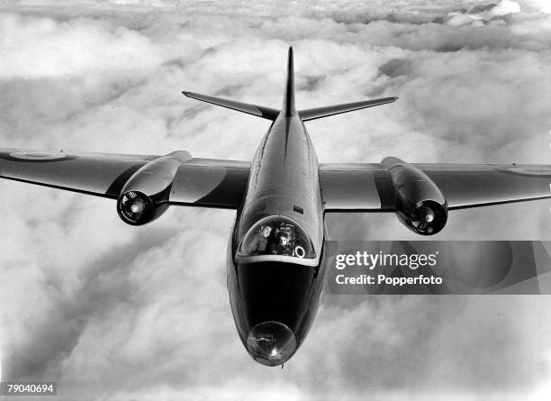 Aviation, Military Aircraft An R,A,F, "Canberra" Mk II on a training flight, pictured above the clouds