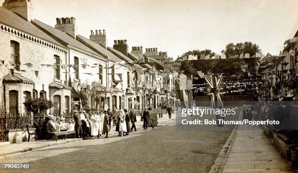 Postcards, World War I, A street party in Millfield road in York on 27th August 1919 to celebrate peace following the end of the war a year earlier