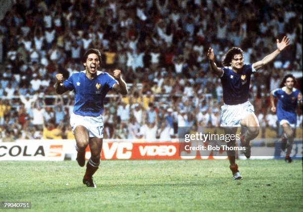 World Cup Finals, Semi-Final, Seville, Spain, 8th July West Germany 3 v France 3, , France's Alain Giresse races away to celebrate after scoring his...