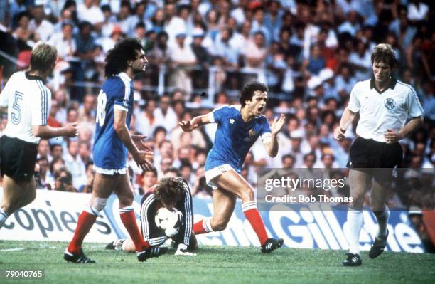 World Cup Finals, Semi-Final, Seville, Spain, 8th July West Germany 3 v France 3, , West Germany's goalkeeper Harald Schumacher saves at the feet of...