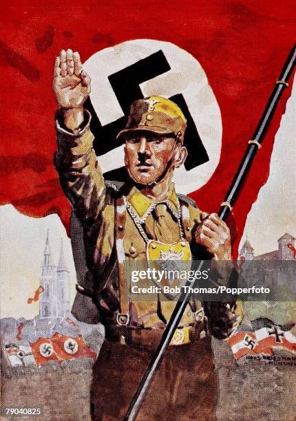 Postcards, World War II, Circa 1930+s, A colour illustration of a German soldier making the Nazi salute whilst standing in front of a Nazi Swastika...