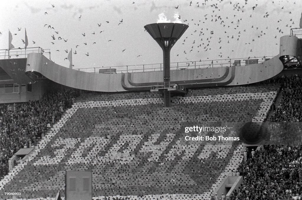 1980 Olympic Games. Moscow, Russia. 19th July 1980. Opening Ceremony. Doves of peace are released into the air as the Olympic torch is lit during the opening ceremony.