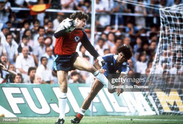 World Cup Finals, Semi-Final, Seville, Spain, 8th July West Germany 3 v France 3, , West Germany's goalkeeper Harald Schumacher saves the ball from...