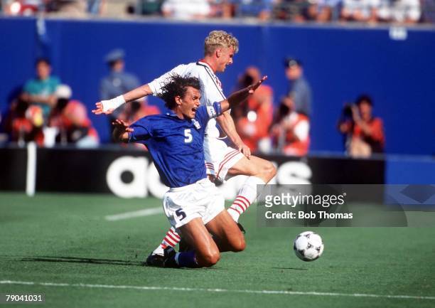 World Cup Finals, New Jersey, USA, 23rd June Italy 1 v Norway 0, Italy's Paolo Maldini battles for the ball with Norway's Jostein Flo
