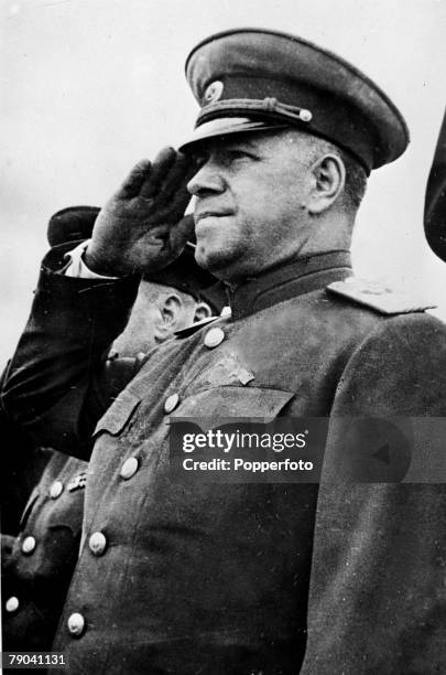 Red Army general Georgy Zhukov , Marshal of the Soviet Union from 1943-1957, takes the salute at a military parade circa 1940. General Zhukov was a...