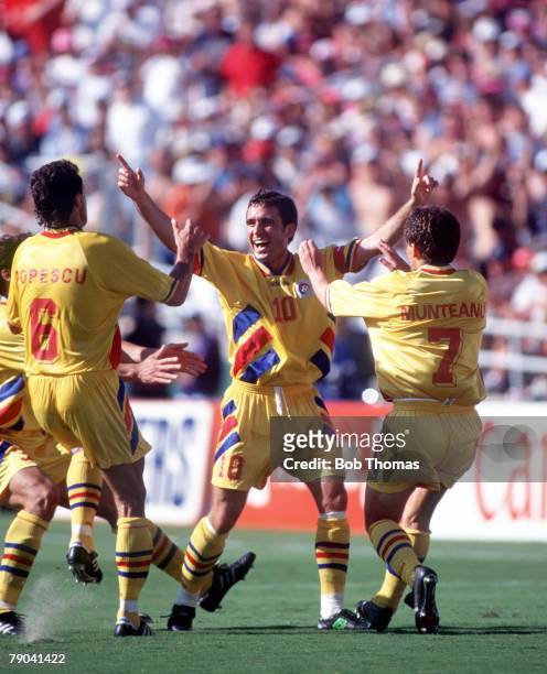 World Cup Finals, Pasadena, USA, 18th June Romania 3 v Colombia 1, Romania's Gheorghe Hagi, centre, celebrates after scoring his goal