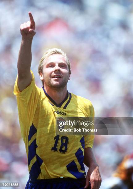 World Cup Third Place Play-Off, Pasadena, USA, 16th July Sweden 4 v Bulgaria 0, Sweden's Hakan Mild celebrates after scoring a goal