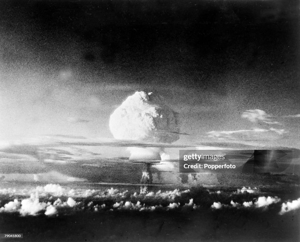 The Hydrogen Bomb. pic: 1952. A picture of the thermo-nuclear device tested by the U.S. at the Elugelab test island in the Marshall Islands . The picture is taken from 50 miles distant and at 12,000 feet shows the early stage of the cloud formation which
