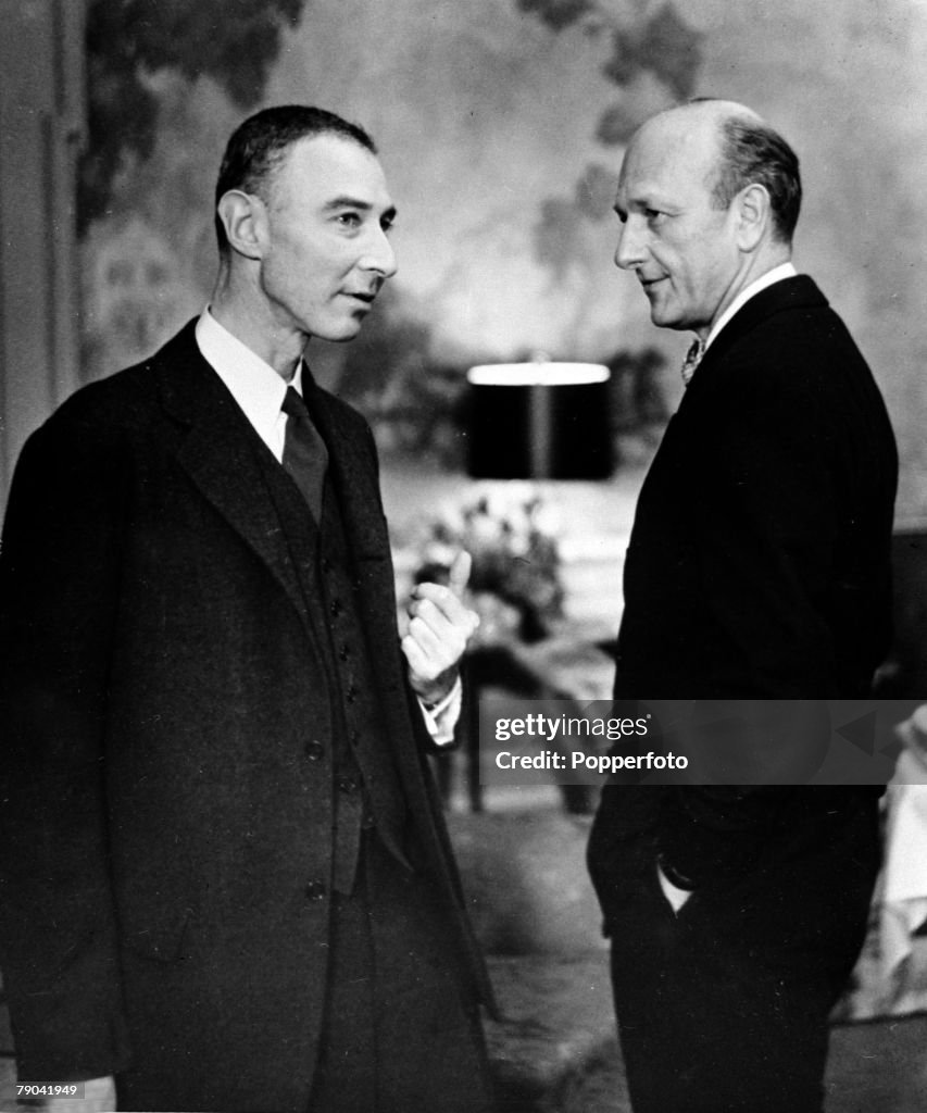 Nuclear Power. pic: circa 1950. Robert Oppenheimer (left), who was in charge of the "Manhattan Project" the Atom Bomb in World War II, is pictured with David Lilienthal who in 1946 had been named Chairman of the U.S. Atomic Energy Commision.