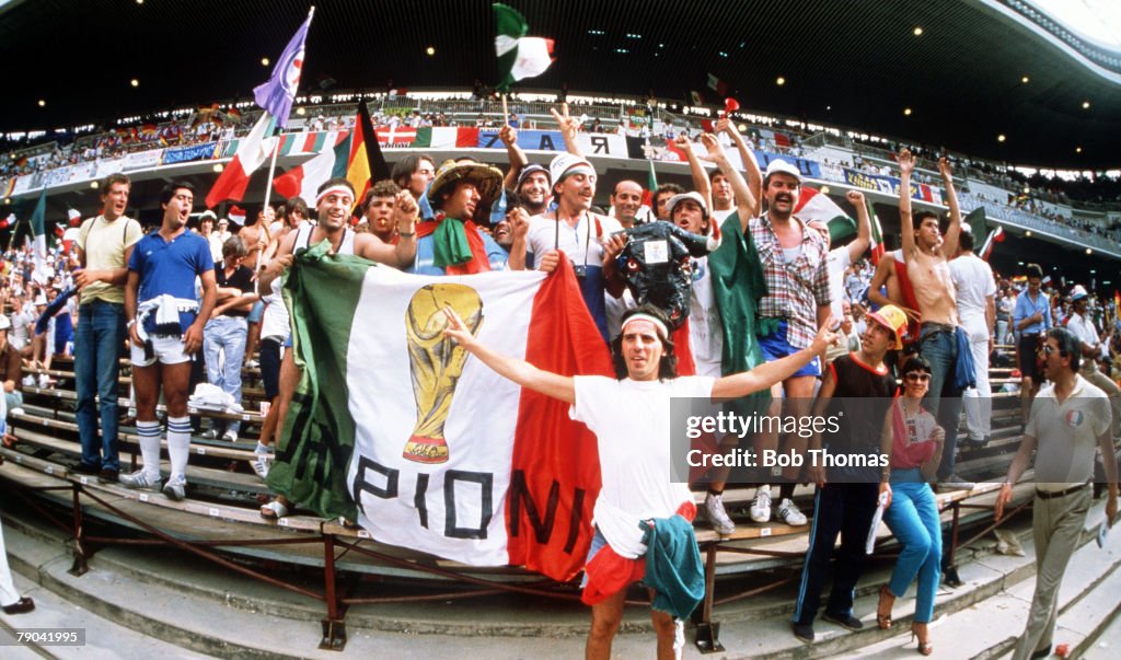 1982 World Cup Final. Madrid, Spain. 11th July, 1982. Italy 3 v West Germany 1. Enthusiastic Italian fans cheer on their team during the match.