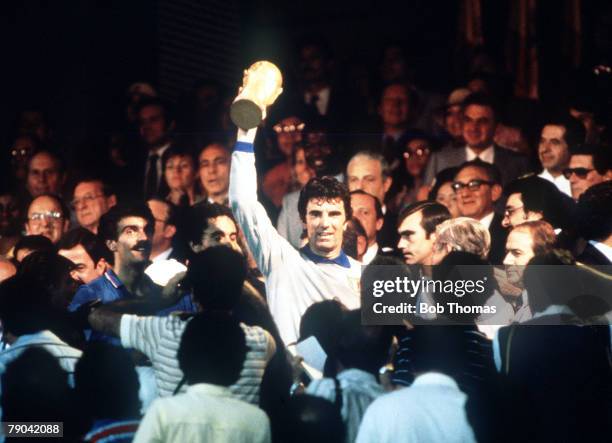 World Cup Final, Madrid, Spain, 11th July Italy 3 v West Germany 1, Italy's captain Dino Zoff proudly holds aloft the World Cup trophy after his...