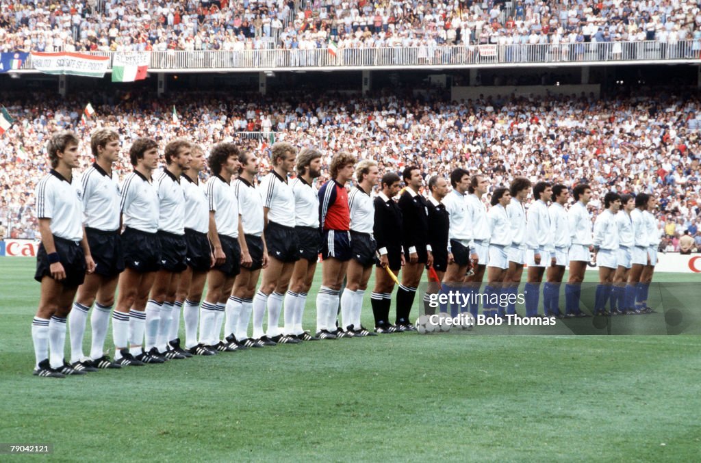 1982 World Cup Final. Madrid, Spain. 11th July, 1982. Italy 3 v West Germany 1. The two teams line up on the pitch during the national anthems before the match.