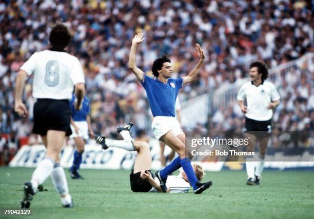 World Cup Final, Madrid, Spain, 11th July Italy 3 v West Germany 1, Italy's Alessandro Altobelli pleads innocence after fouling West Germany's Bernd...
