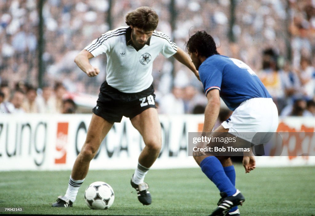 1982 World Cup Final. Madrid, Spain. 11th July, 1982. Italy 3 v West Germany 1. Italy's Antonio Cabrini moves in to challenge West Germany's Manny Kaltz.