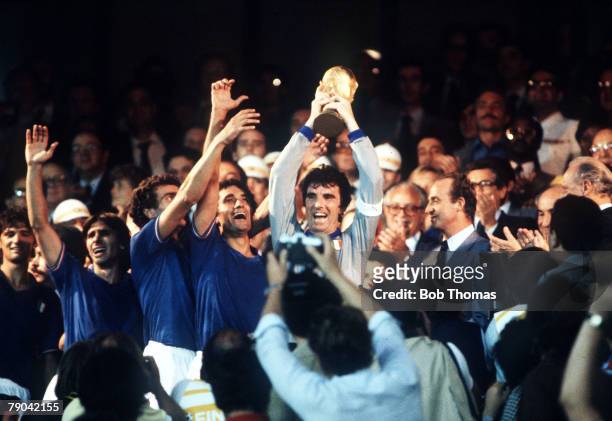 World Cup Final, Madrid, Spain, 11th July Italy 3 v West Germany 1, Italian captain Dino Zoff holds aloft the World Cup trophy after receiving from...